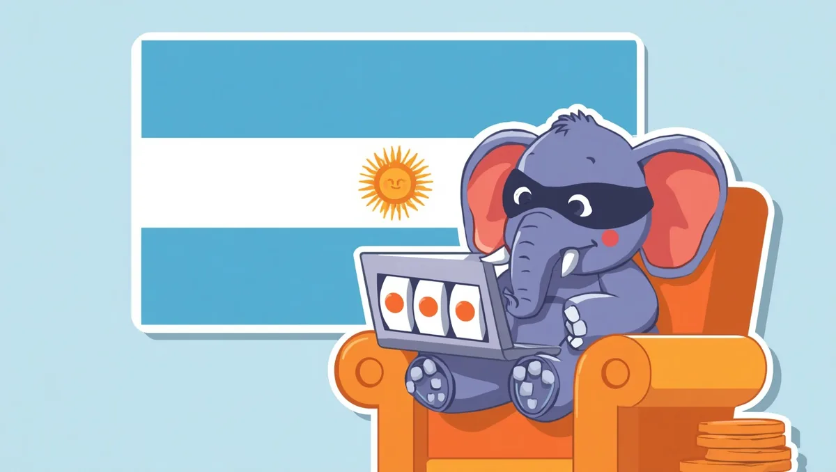 The masked elephant sits in an orange armchair with a laptop showing three spinning reels; the sky-blue and white flag of Argentina with its sun hangs behind him, and coins sit beside the chair.