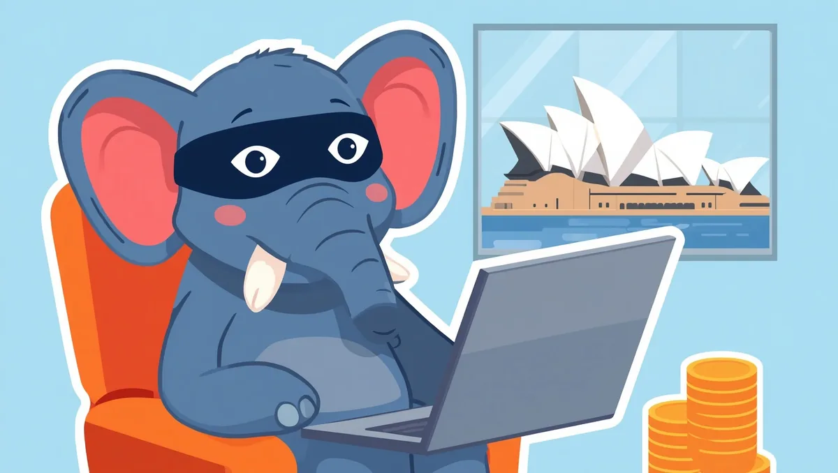 The masked elephant sits in an orange armchair with a laptop; through the window behind him the Sydney Opera House stands on the harbour, and gold coins are stacked to the right.