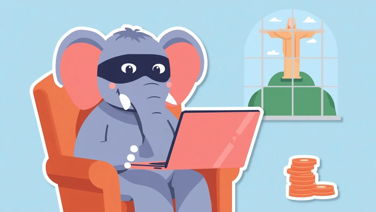 The masked elephant sits in an orange armchair with a laptop; through the arched window behind him the Christ the Redeemer statue stands on a green hill, and coins are stacked to one side.