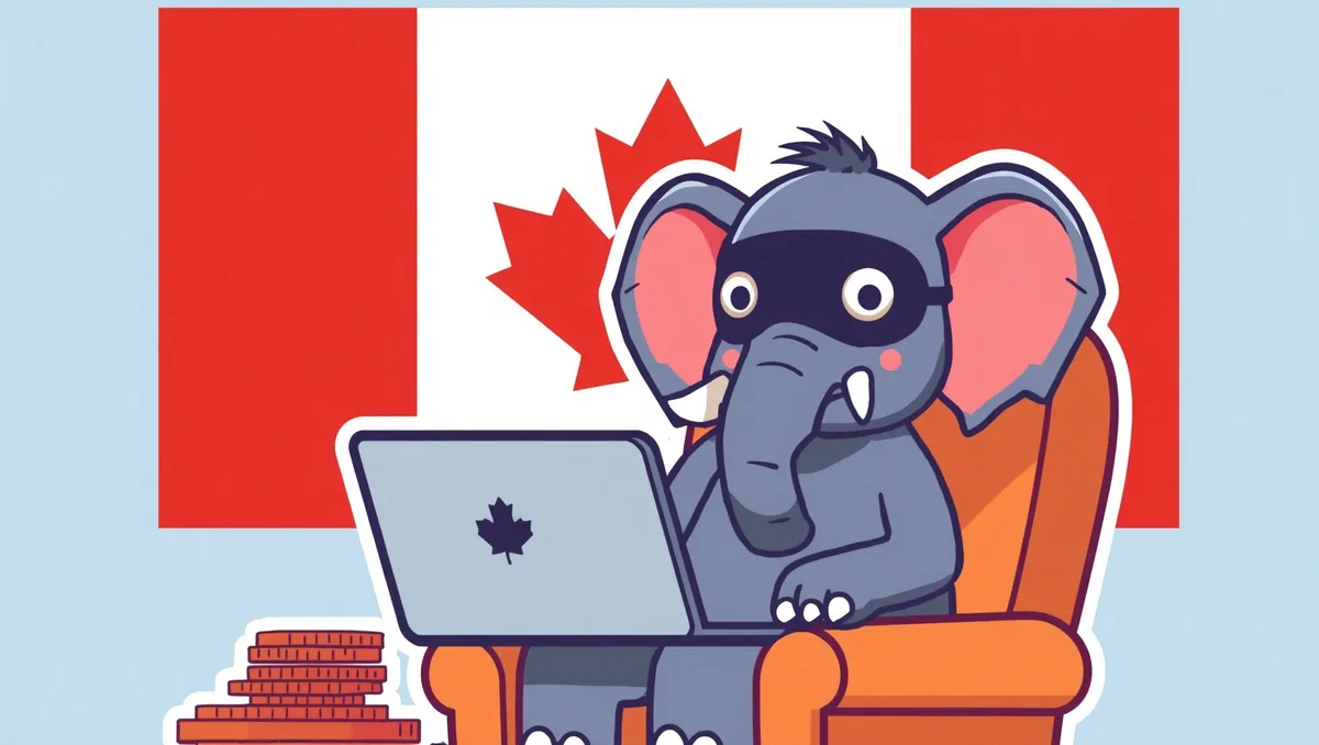 The masked elephant sits in an orange armchair with a laptop; the Canadian flag with its red maple leaf fills the wall behind him and coins are stacked at his feet.