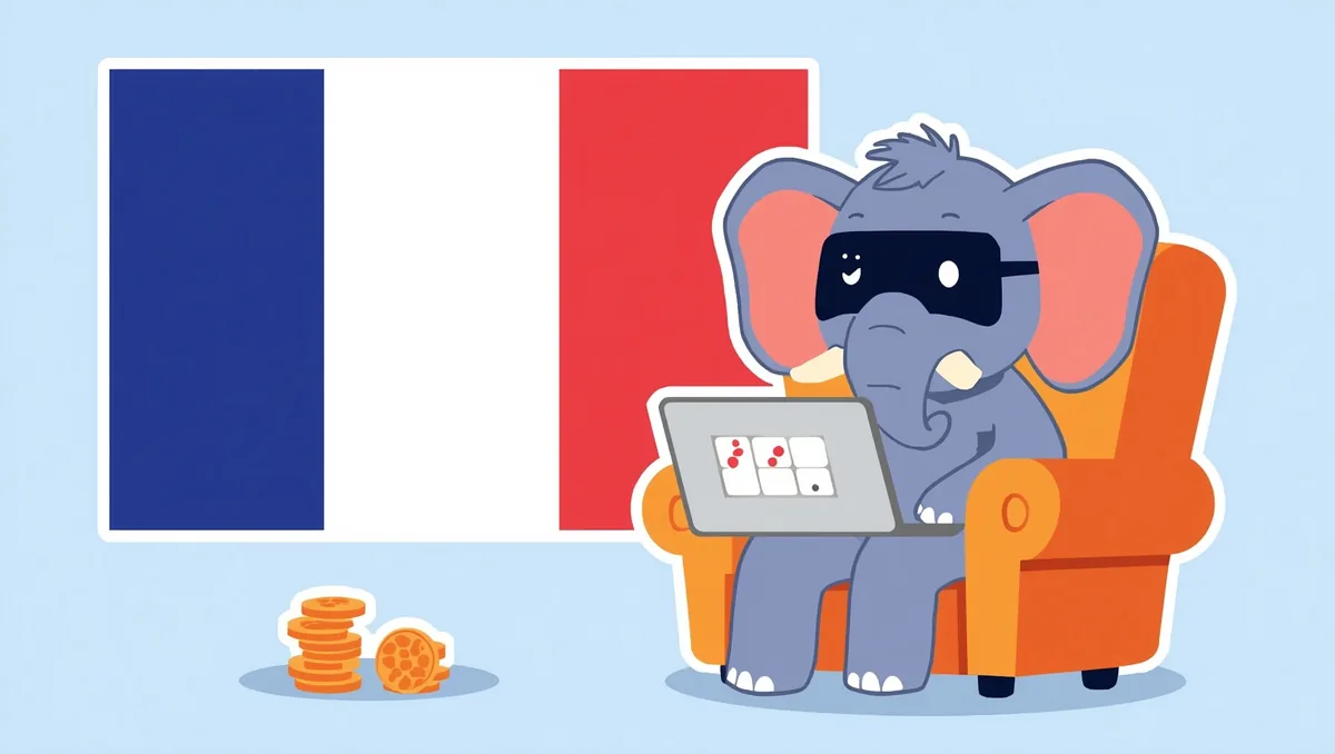 The masked elephant sits in an orange armchair with a laptop showing three game cards; the French tricolour hangs behind him and coins lie on the floor.