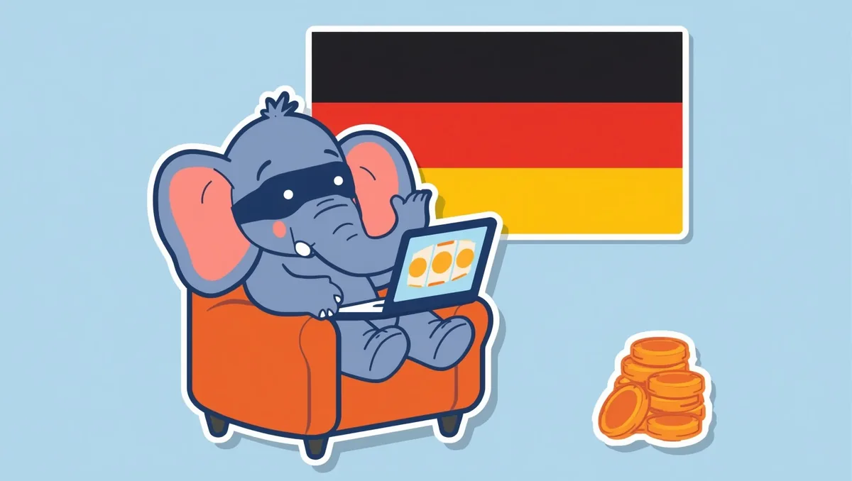 The masked elephant sits in an orange armchair with a laptop showing three spinning slot reels; the German flag hangs on the wall behind him and a stack of coins lies beside the chair.