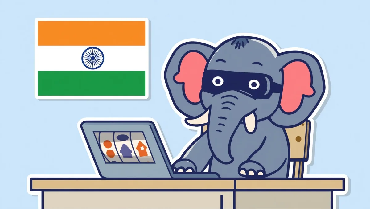 The masked elephant sits quietly at a plain desk with a laptop showing three abstract reels; the flag of India with its blue wheel hangs on the wall behind him.