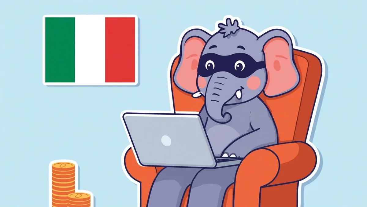 The masked elephant sits in an orange armchair with a laptop on his knees; the Italian tricolour hangs on the wall and gold coins are stacked on the floor.