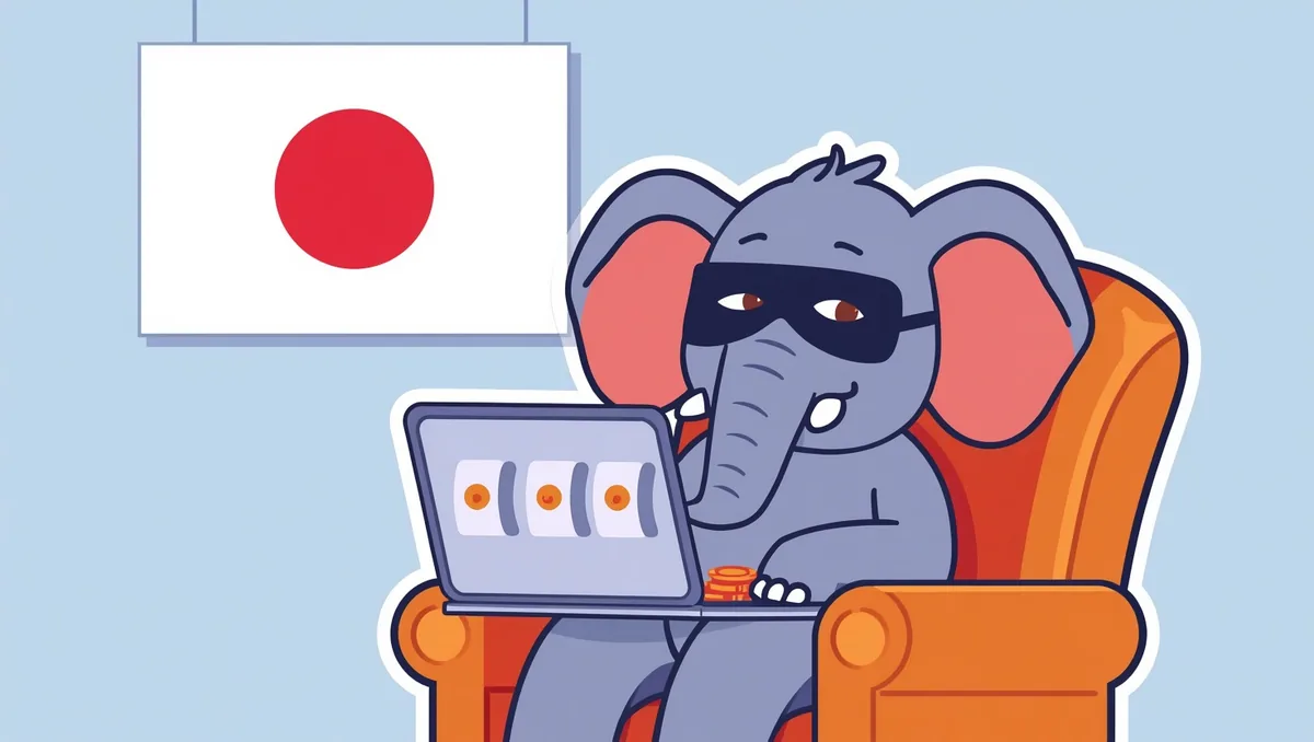 The masked elephant sits in an orange armchair with a laptop showing three spinning reels; the flag of Japan with its red disc hangs on the wall and a few coins lie beside the laptop.