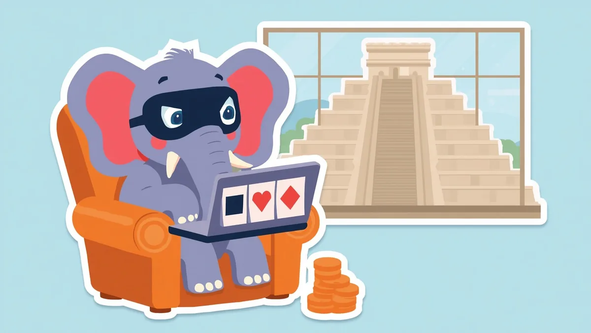 The masked elephant sits in an orange armchair with a laptop showing three card suits; through the window behind him stands the stepped pyramid of Chichen Itza, with coins stacked below.