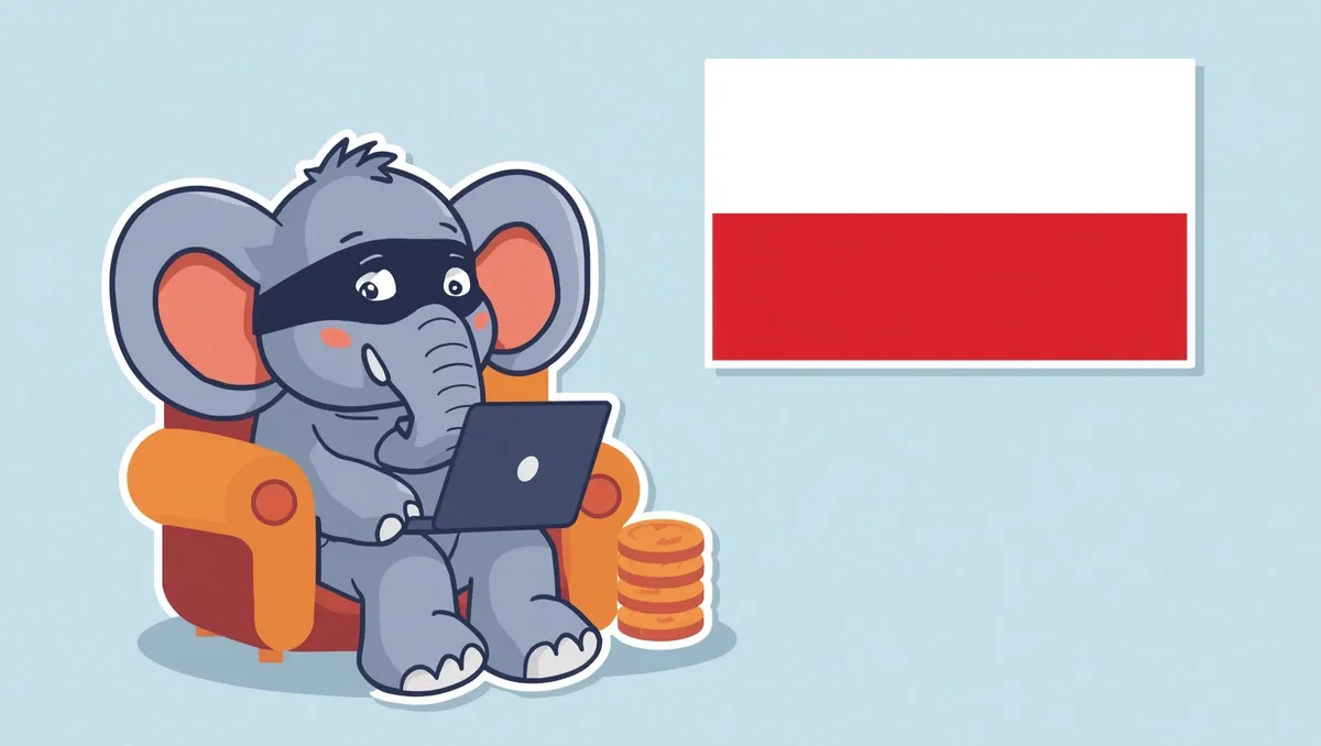 The masked elephant sits in an orange armchair with a laptop on his knees; the white-and-red flag of Poland hangs on the wall to his right and coins are stacked beside him.