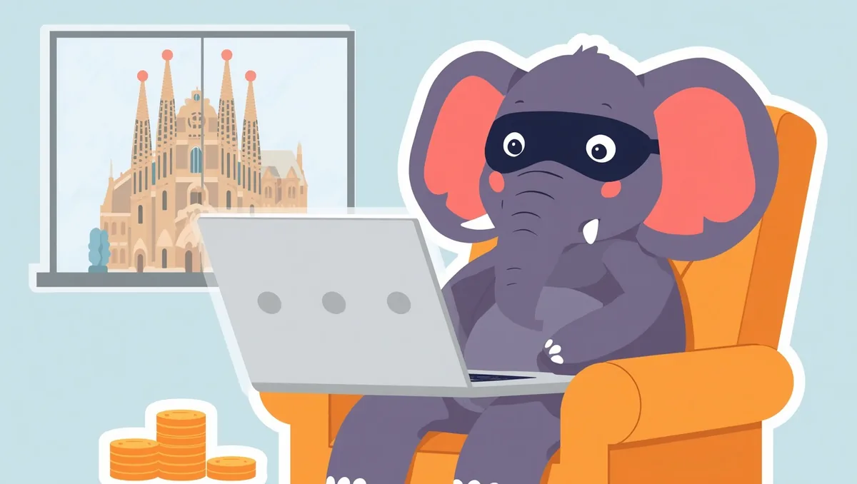 The masked elephant sits in an armchair with a laptop; through the window behind him rise the spires of the Sagrada Familia, and coins are stacked on the floor.