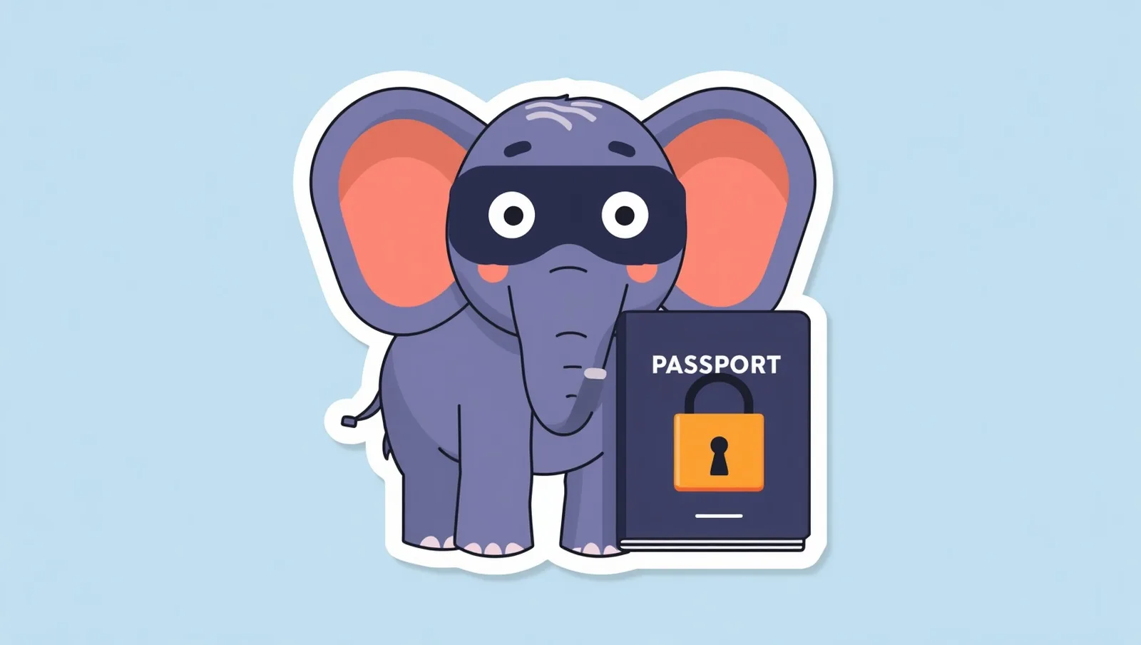 Illustration: the masked elephant standing beside a passport and a padlock